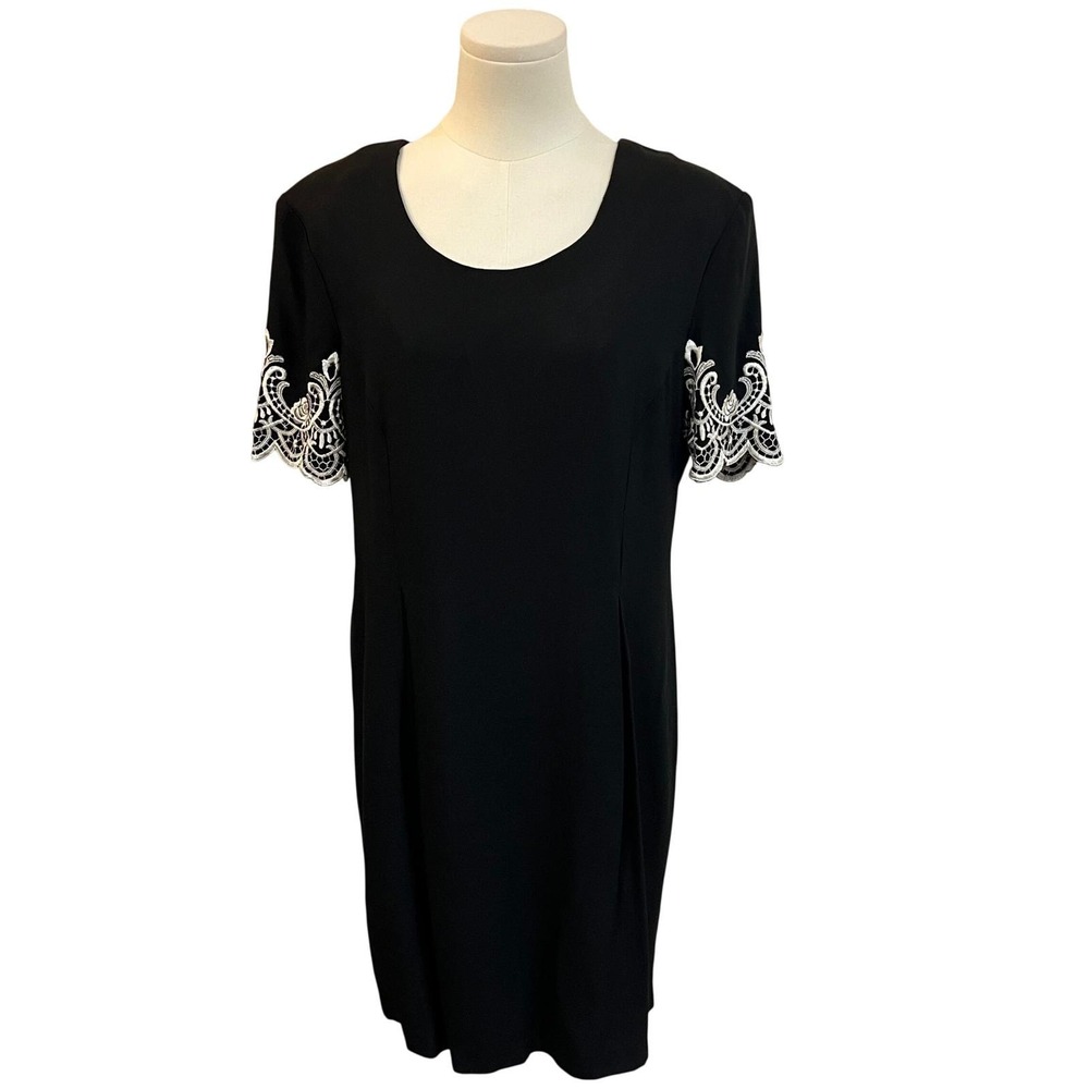 Vintage S.L. Fashions Black Rayon Shift Dress Lace Sleeve Cocktail 14P
